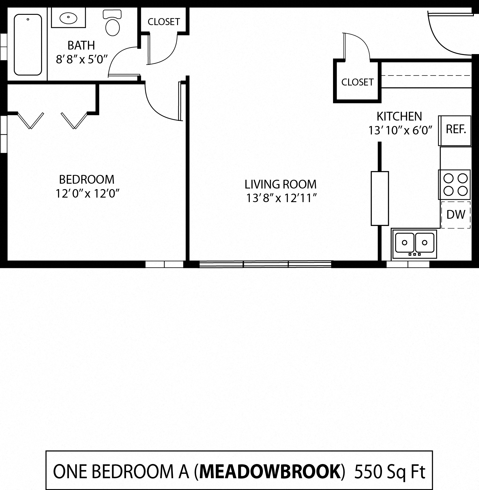 Floor plan for 1 bed, 1 bath, 550 sqft